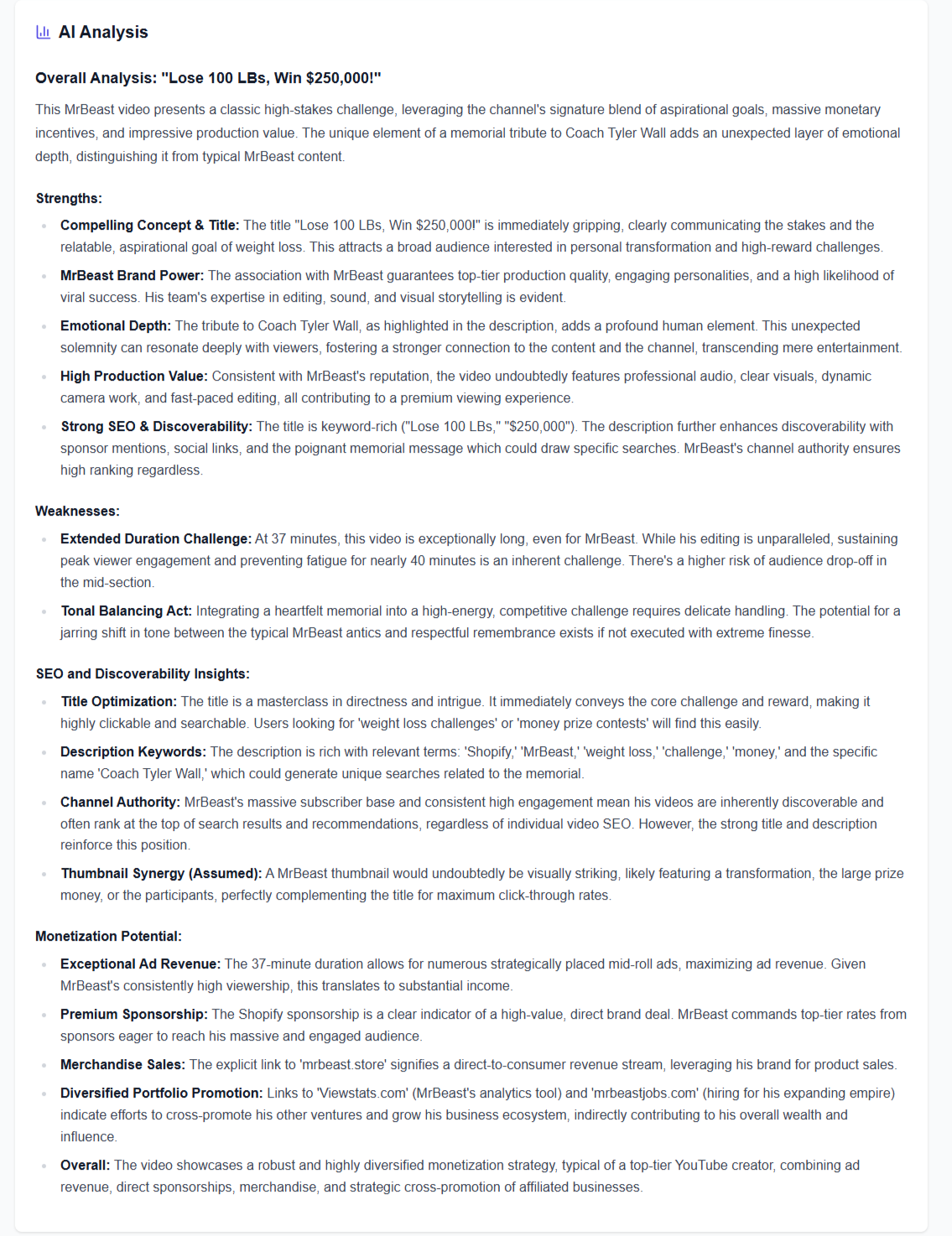 Deep AI analysis engine interface with comprehensive insights